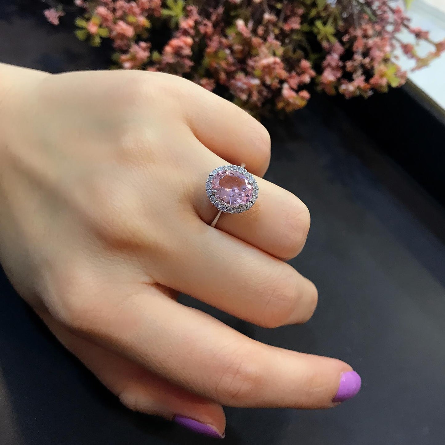STELA OVAL PEMBE KUVARS GÜMÜŞ YÜZÜK