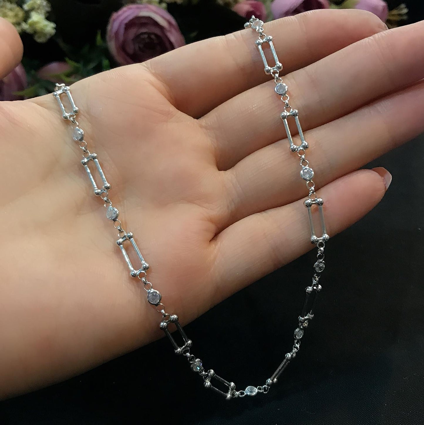 STELA TAŞLI KEMİK ZİNCİR GÜMÜŞ KOLYE